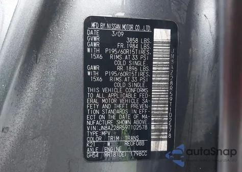 2009 Nissan Cube 1.8S z USA, uszkodzony, nr VIN JN8AZ28R59T102578